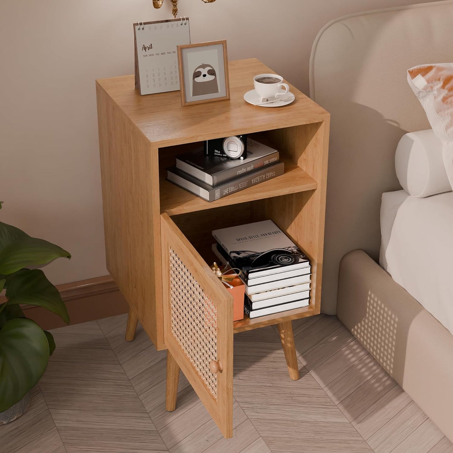 Modern Rattan Nightstand, Boho Side Table with Handmade Rattan Decorated Door, Wood Bedside Table with Open Storage Shelf for Bedroom,Natural (No Charging Station, 1)