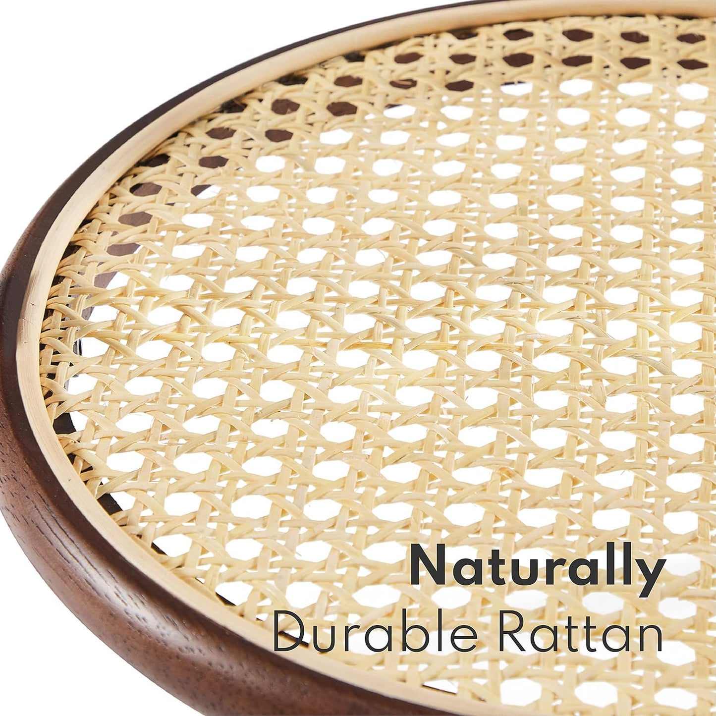 round Side Table with Storage - Walnut End Table for Living Room, Bedroom and Small Spaces, Modern Accent Bedside Tables Easy Assembly, Solid Wood Legs & Natural Rattan