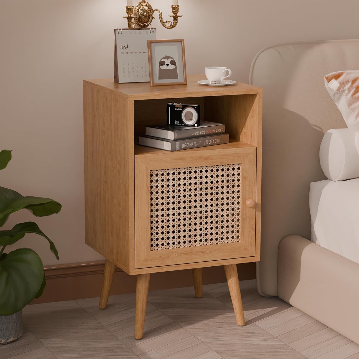 Modern Rattan Nightstand, Boho Side Table with Handmade Rattan Decorated Door, Wood Bedside Table with Open Storage Shelf for Bedroom,Natural (No Charging Station, 1)
