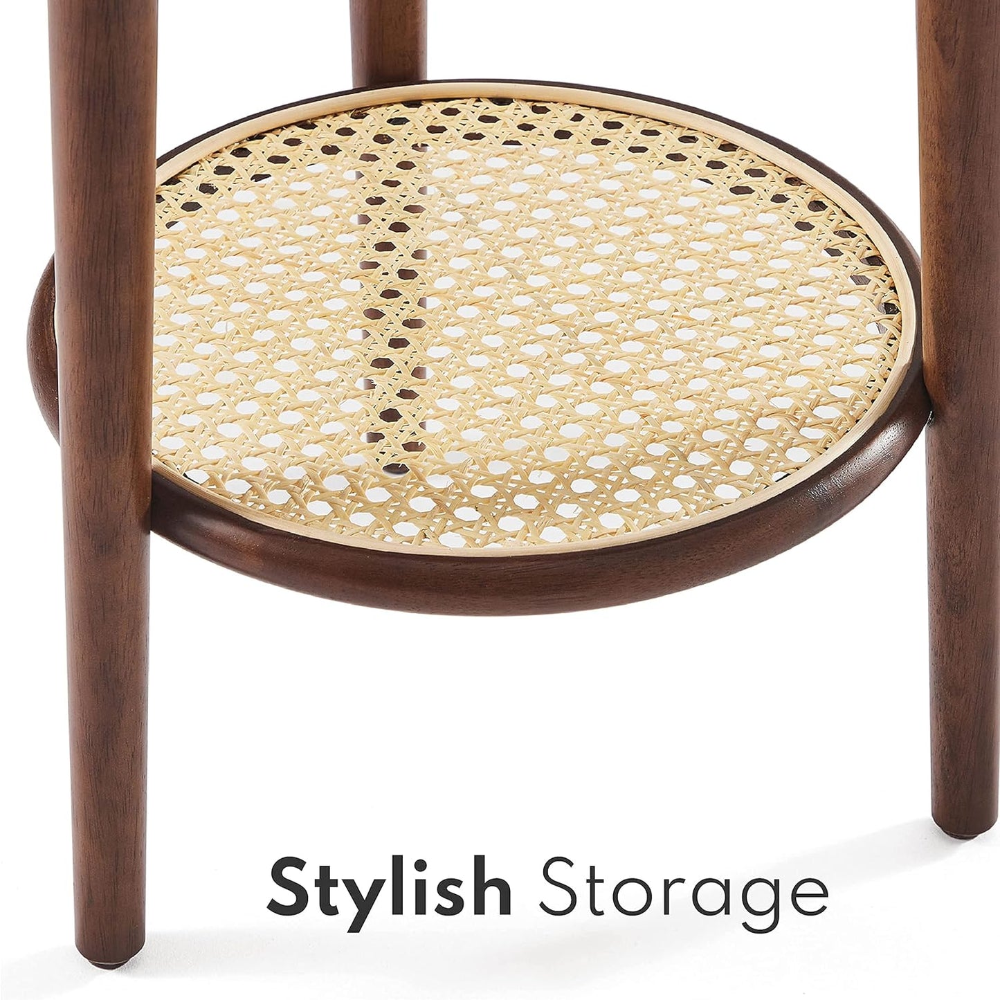 round Side Table with Storage - Walnut End Table for Living Room, Bedroom and Small Spaces, Modern Accent Bedside Tables Easy Assembly, Solid Wood Legs & Natural Rattan