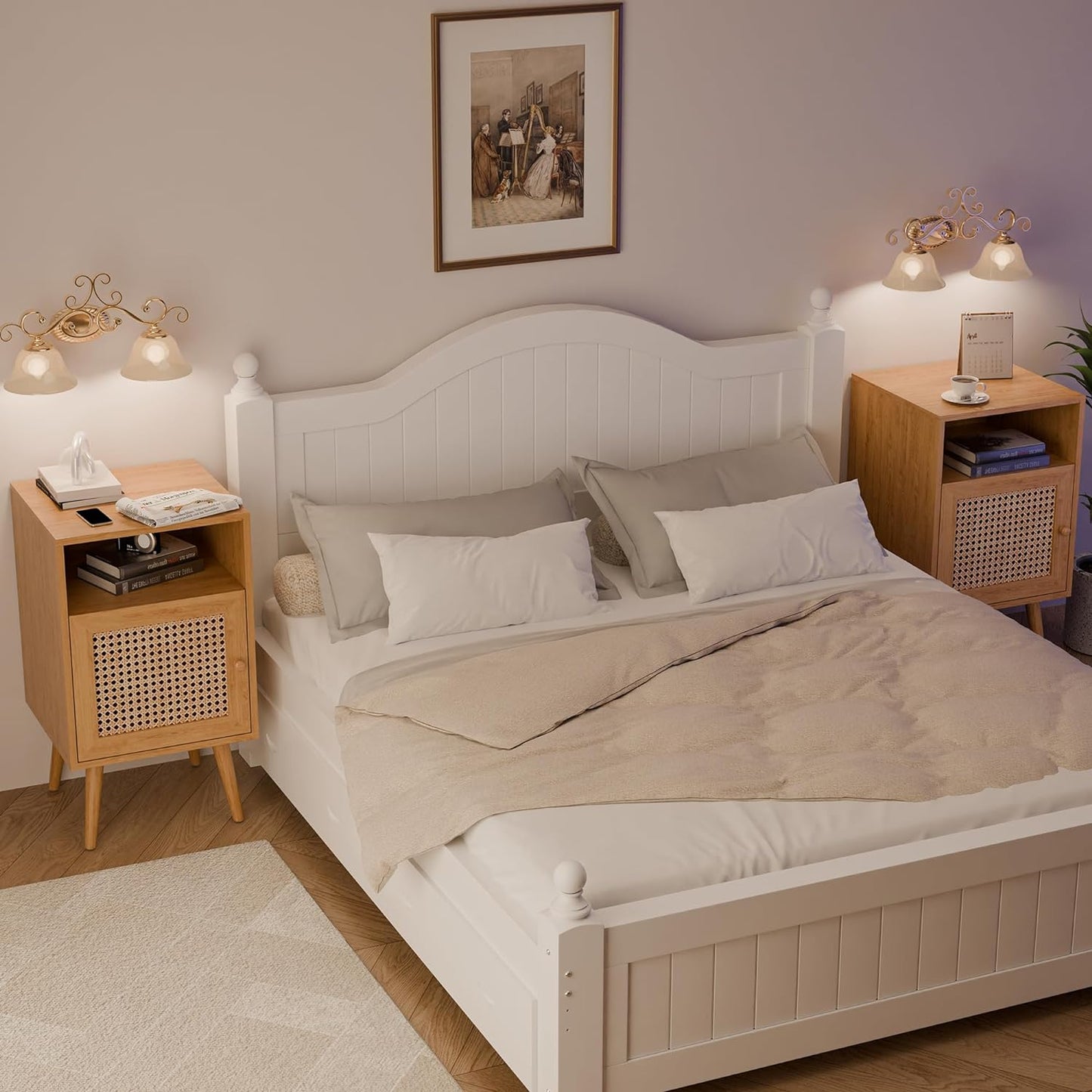 Modern Rattan Nightstand, Boho Side Table with Handmade Rattan Decorated Door, Wood Bedside Table with Open Storage Shelf for Bedroom,Natural (No Charging Station, 1)