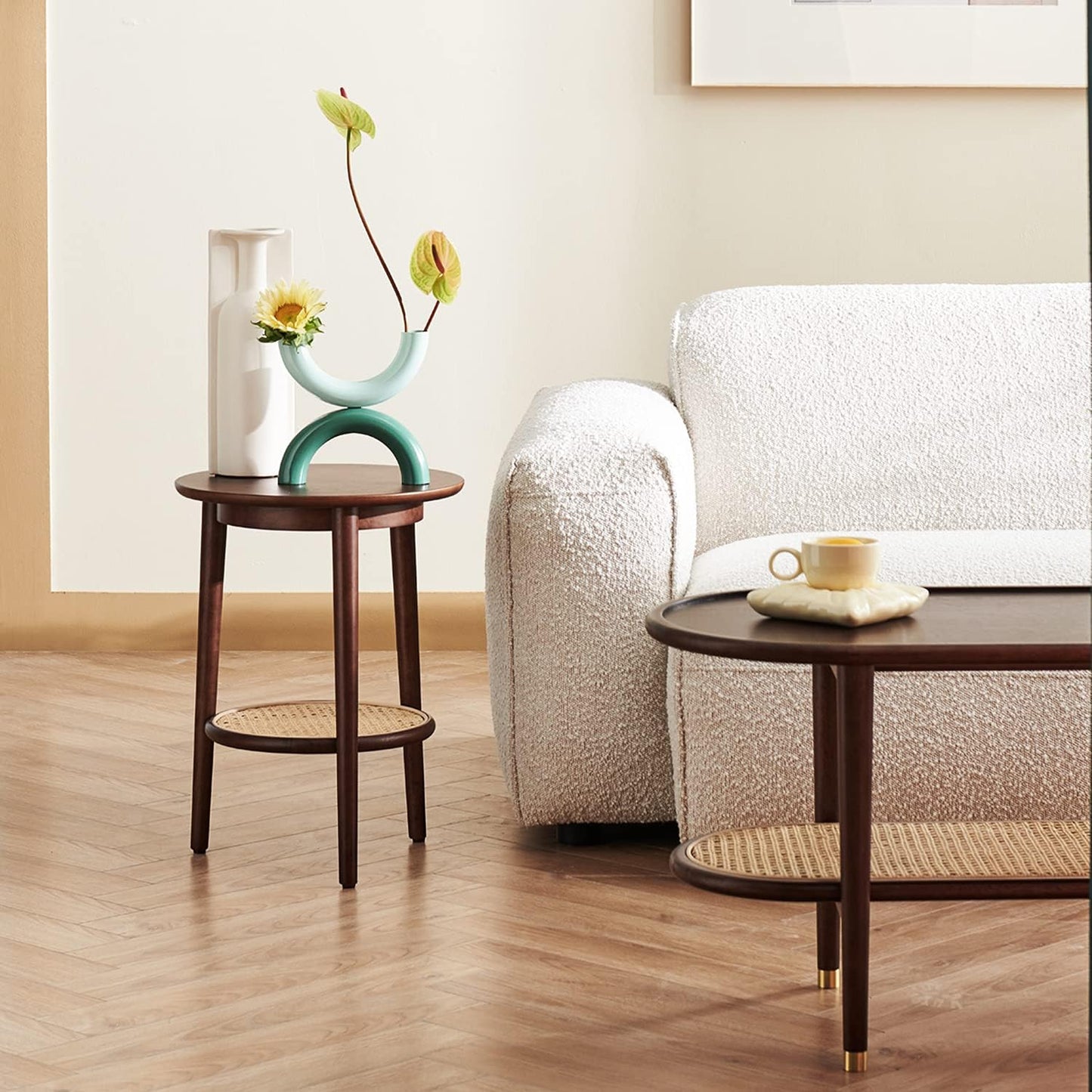 round Side Table with Storage - Walnut End Table for Living Room, Bedroom and Small Spaces, Modern Accent Bedside Tables Easy Assembly, Solid Wood Legs & Natural Rattan