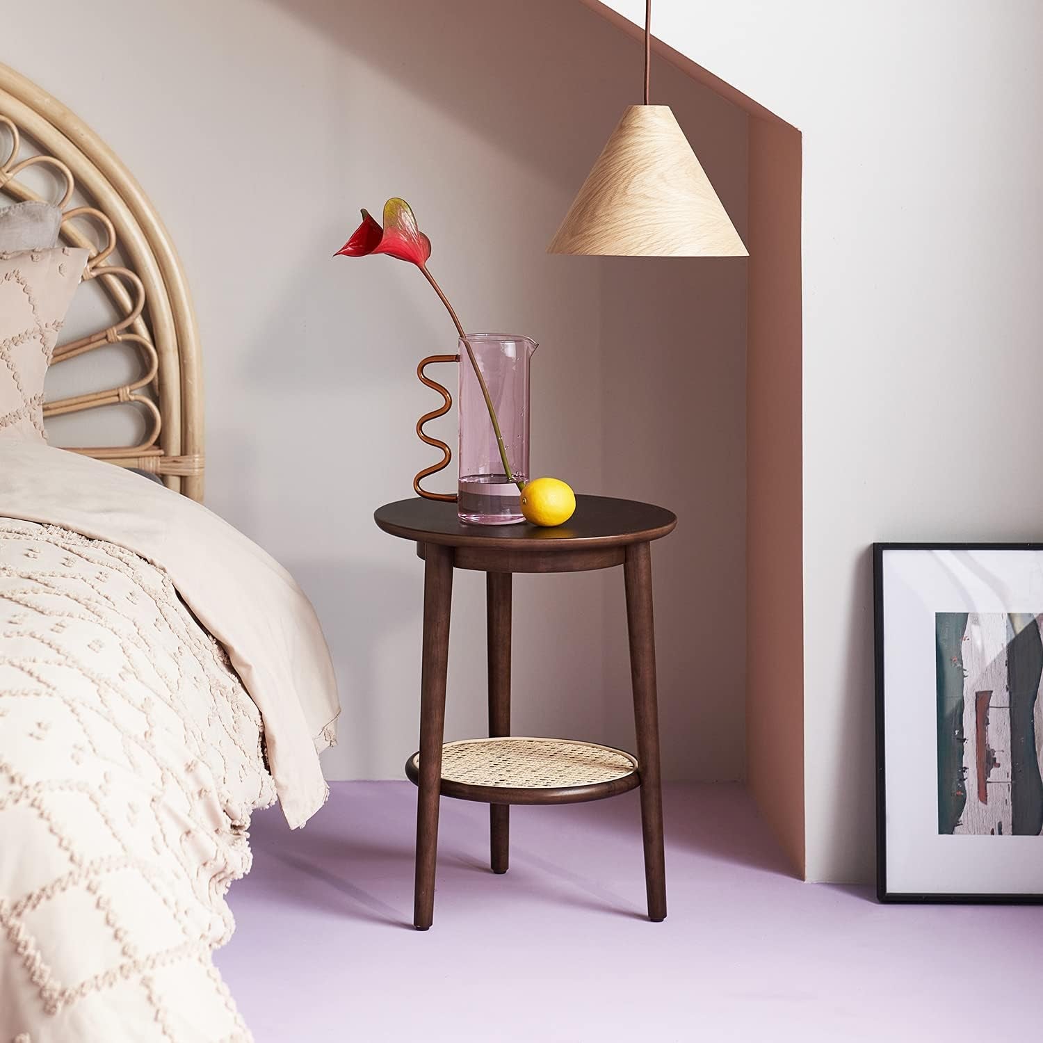 round Side Table with Storage - Walnut End Table for Living Room, Bedroom and Small Spaces, Modern Accent Bedside Tables Easy Assembly, Solid Wood Legs & Natural Rattan