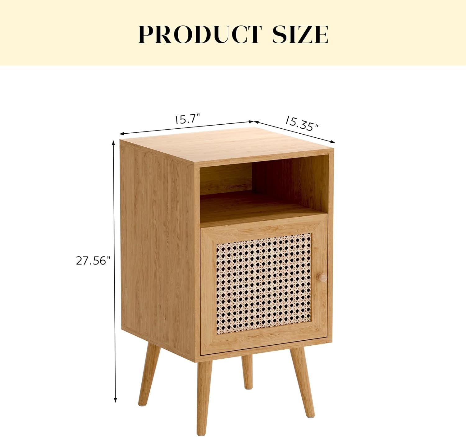 Modern Rattan Nightstand, Boho Side Table with Handmade Rattan Decorated Door, Wood Bedside Table with Open Storage Shelf for Bedroom,Natural (No Charging Station, 1)