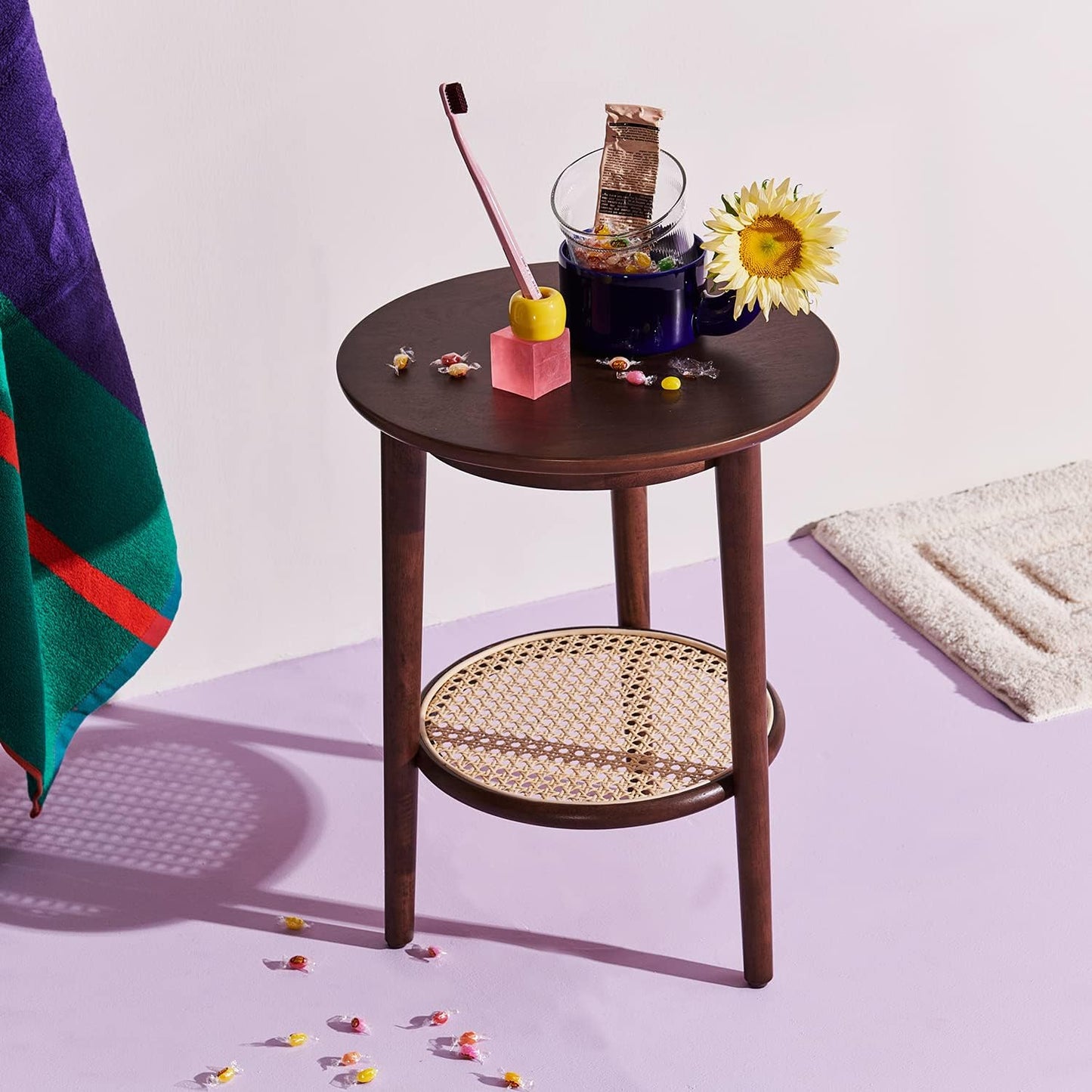 round Side Table with Storage - Walnut End Table for Living Room, Bedroom and Small Spaces, Modern Accent Bedside Tables Easy Assembly, Solid Wood Legs & Natural Rattan