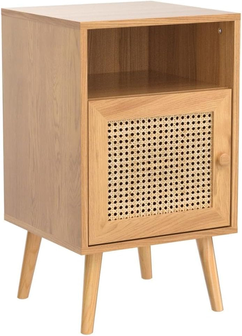 Modern Rattan Nightstand, Boho Side Table with Handmade Rattan Decorated Door, Wood Bedside Table with Open Storage Shelf for Bedroom,Natural (No Charging Station, 1)