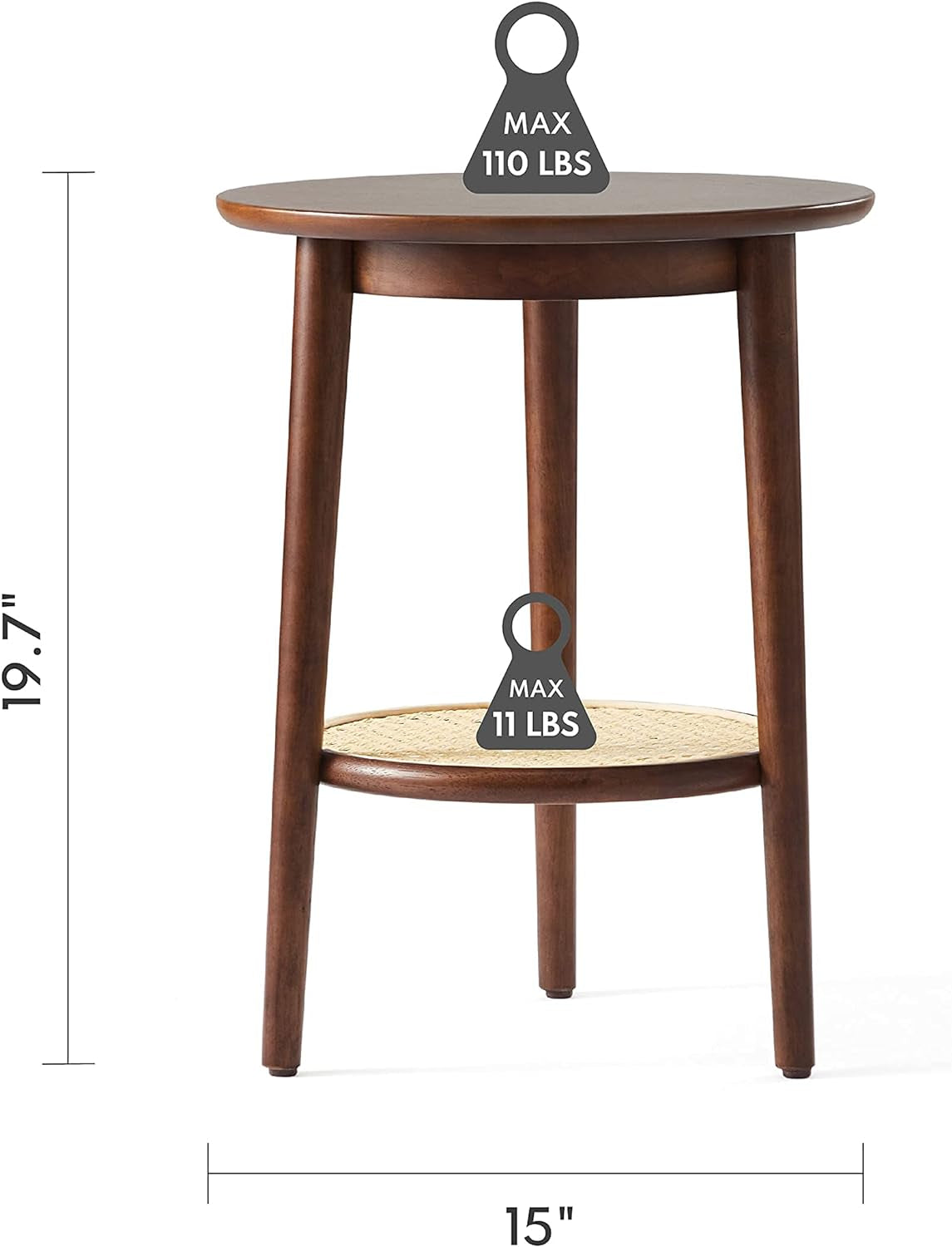 round Side Table with Storage - Walnut End Table for Living Room, Bedroom and Small Spaces, Modern Accent Bedside Tables Easy Assembly, Solid Wood Legs & Natural Rattan