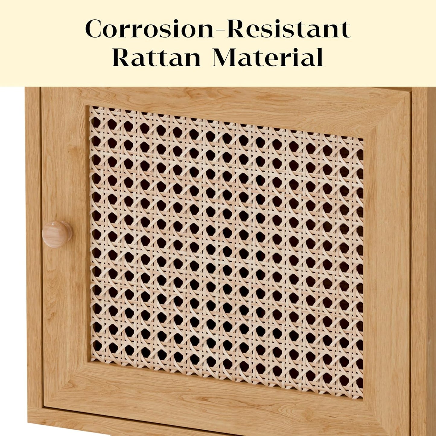 Modern Rattan Nightstand, Boho Side Table with Handmade Rattan Decorated Door, Wood Bedside Table with Open Storage Shelf for Bedroom,Natural (No Charging Station, 1)