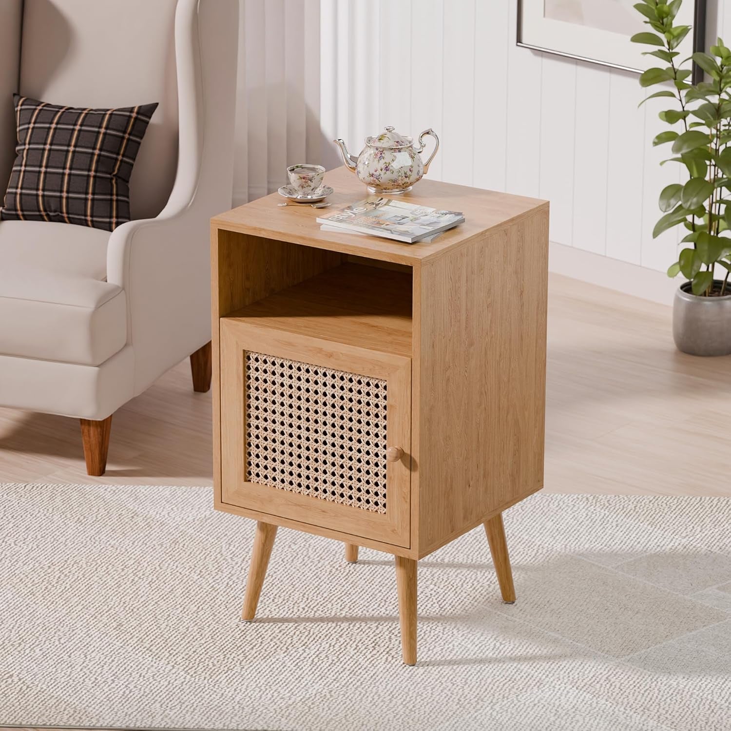 Modern Rattan Nightstand, Boho Side Table with Handmade Rattan Decorated Door, Wood Bedside Table with Open Storage Shelf for Bedroom,Natural (No Charging Station, 1)